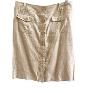 Willi Smith 100% Linen Button Front Skirt Tan 12 Knee Length Pockets Minimalist